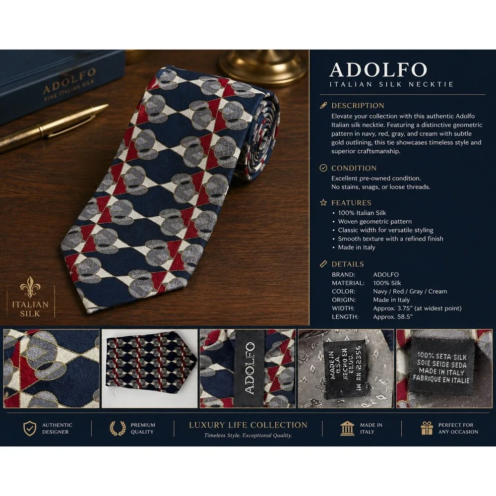 Vintage Adolfo Men's 100% Silk Necktie Navy Burgundy Gray Geometric Woven Tie